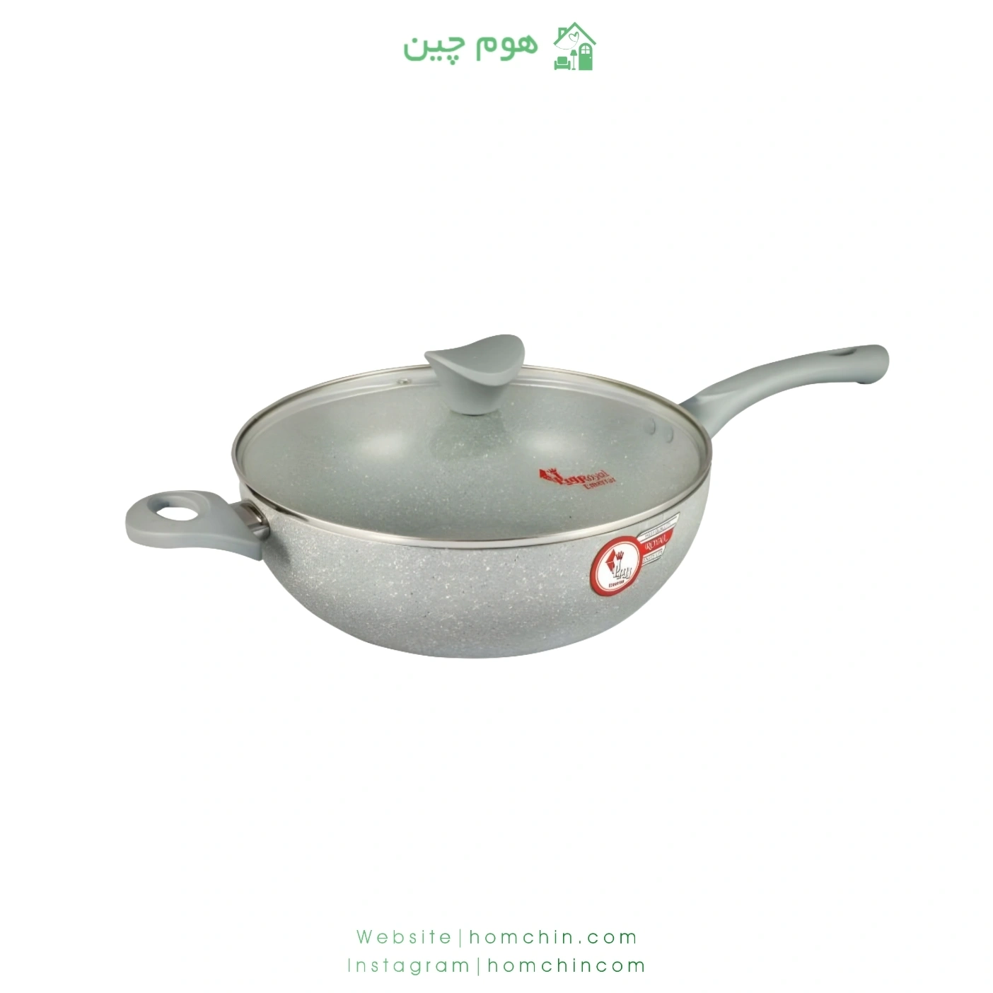 fonix_royal_double_sided_granite_single_handle_wok_pan_with_pyrex تابه وک تکدسته رویال دورو گرانیت مدل فونیکس با درب پیرکس