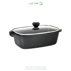 تابه مرغ‌ خوری دایکاست گرانیتی رویال سایز 34×22 با درب پیرکس مشکی