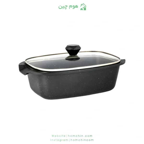 تابه مرغ‌ خوری دایکاست گرانیتی رویال سایز 34×22 با درب پیرکس مشکی