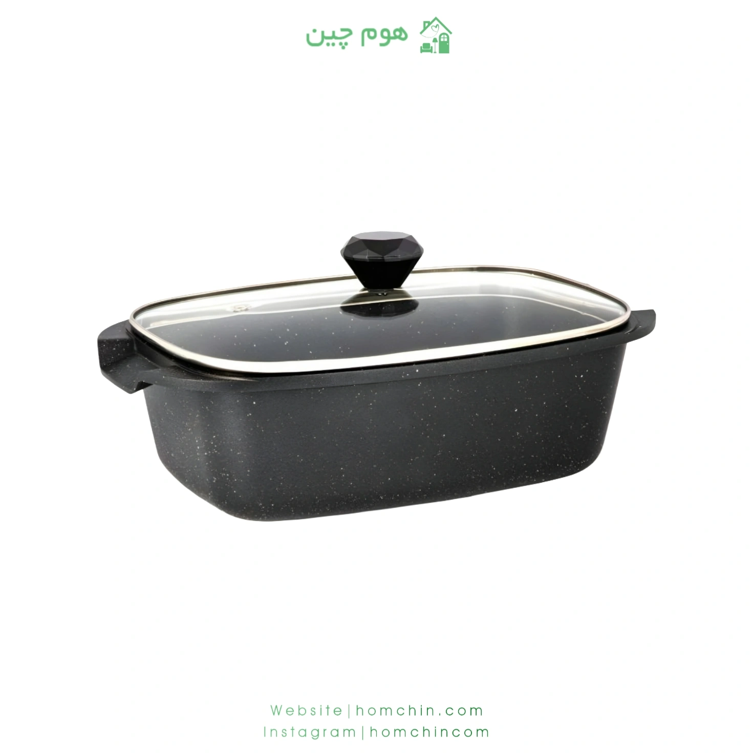 royal1_double_sided_granite_chicken_pan_with_colored_knob_pyrex تابه مرغ خوری دایکاست گرانیتی رویال سایز 34×22 با درب پیرکس مشکی